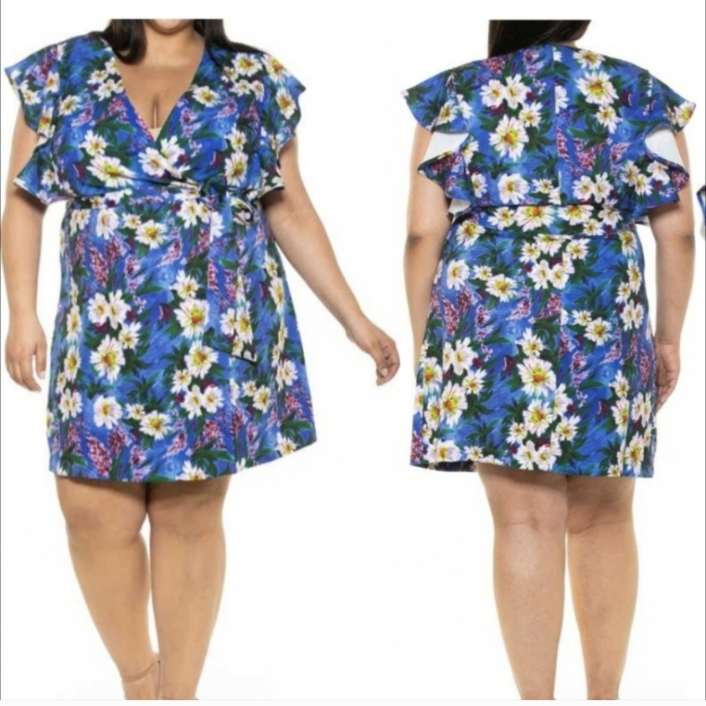 NWT Alexia Admor Wrap‎ Dress ruffle sleeves blue size 2x